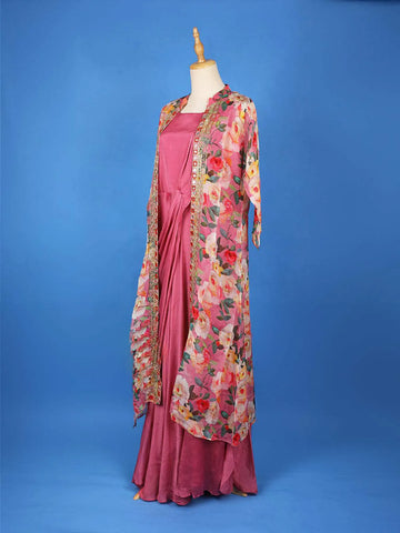 Pink Solid Gown paired with Embroidery Overcoat - Diadem