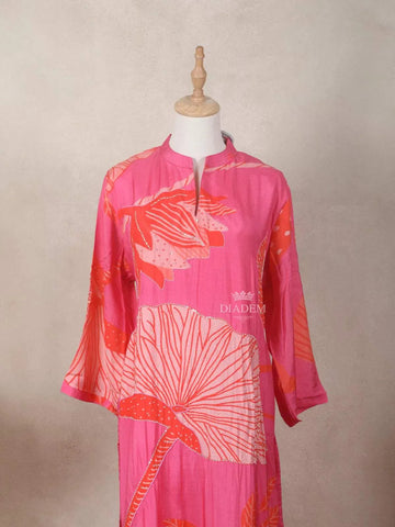 Pink Crepe Kurti Top Adorned with Floral Prints and Full Sleeve - Diadem