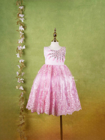 Pink Net Gown Adorned With 3D Flowers and Floral Embroidery - Diadem