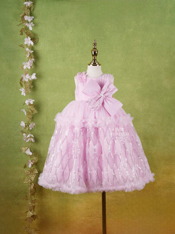 Pink Net Gown Adorned With Sequins, Big Bow and Butterflies - Diadem