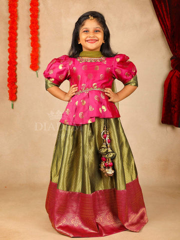 Pink with Green Silk Pavada Sattai Set - Diadem