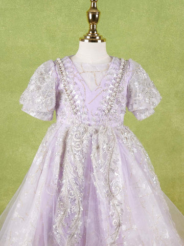 Lavender Net Gown Adorned With Floral Designs and Puff Sleeves - Diadem