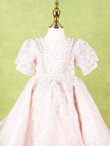 Pale Pink Net Gown Adorned With Floral Designs and Puff Sleeves - Diadem