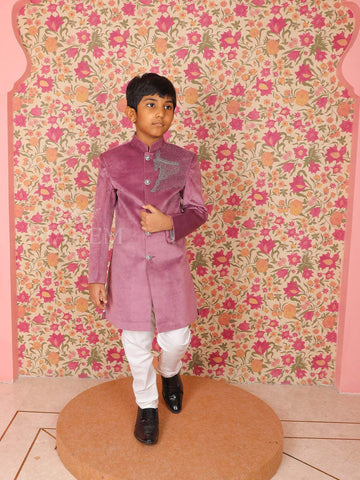 Purple Velvet Horse Designed Sherwani and Pant Set - Diadem