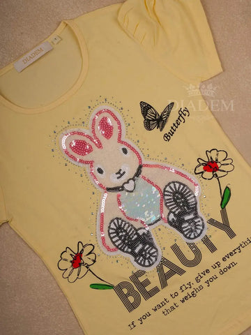 Yellow Cotton Half Sleeve T-Shirt with Rabbit and Sequins Designs for Girls - Diadem