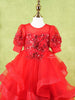 Bright Red Net Layered Gown Adorned With 3D Flowers And Sequins - Diadem