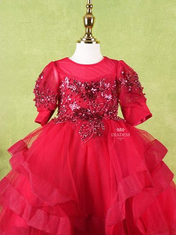Dark Red Net Layered Gown Adorned With 3D Flowers and Sequins and Puff Sleeves - Diadem