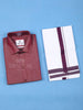 Red Plain Cotton Full-Sleeve Shirt with Matching Border White Dhoti Set - Diadem