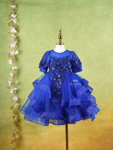 Royal Blue Net Layered Gown Adorned With 3D Flowers and Sequins - Diadem