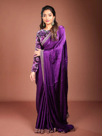 Dark Purple Satin Saree with Designer Border - Diadem