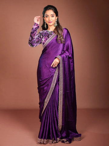 Dark Purple Satin Saree with Designer Border - Diadem