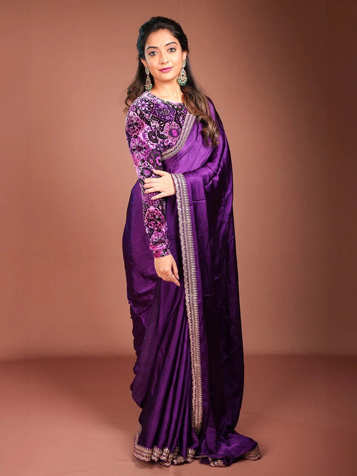 Dark Purple Satin Saree with Designer Border - Diadem