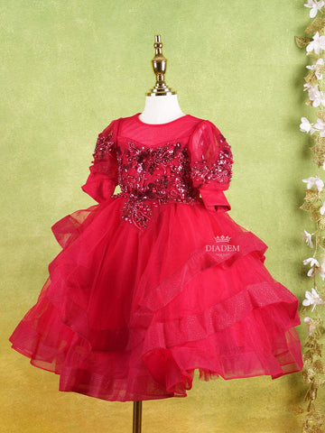 Dark Red Net Layered Gown Adorned With 3D Flowers and Sequins and Puff Sleeves - Diadem