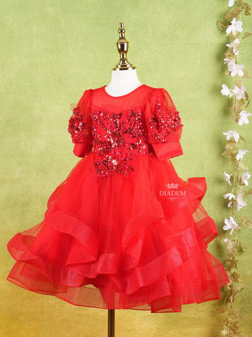 Bright Red Net Layered Gown Adorned With 3D Flowers And Sequins - Diadem