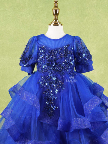Royal Blue Net Layered Gown Adorned With 3D Flowers and Sequins - Diadem