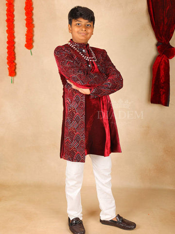 Dark Red Embroidered Sherwani and Pant Set - Diadem
