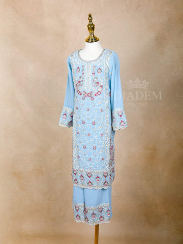 Sky Blue Floral Embroidered Palazzo Salwar Suit for Girls - Diadem