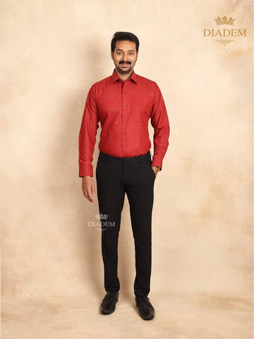 Solid Red Full Sleeves Cotton Shirt - Diadem