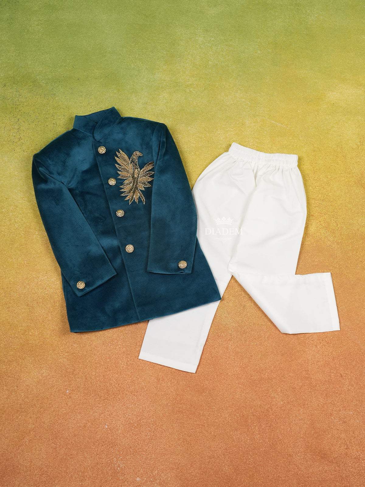 Teal Blue Velvet Sherwani and Pant Set with Bird Embroidery and Full Sleeve - Diadem