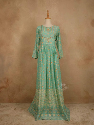 Teal Green Cotton Long Kurti Top Adorned with Sequins and Flower Design Prints without Dupatta - Diadem
