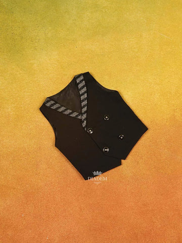 Black Kids Coat Suit Adorned with Glitters and Stripes Design with Tie - Diadem