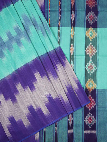 Turquoise Blue Cotton Saree with Geometric Ikat Designs on the Body with Contrast Border - Diadem