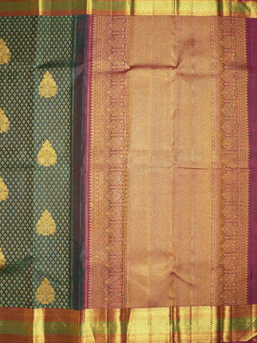 Dark Green Pure Kanchipuram Silk Saree With Peacock and Floral Motifs On the Body with Broad and Small Border - Diadem