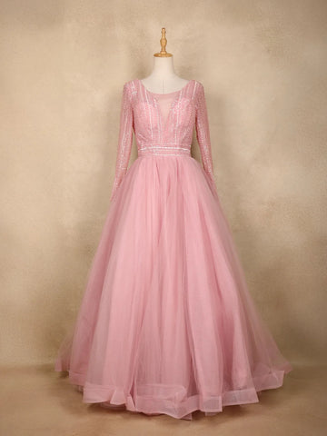 Pale Pink Net Sequins Embroider Party Wear Gown - Diadem