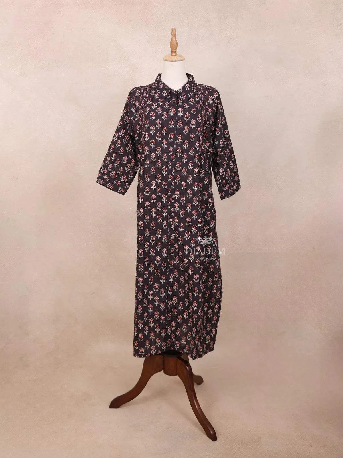 Wine Kurti Top Adorned with Floral Prints Design - Diadem