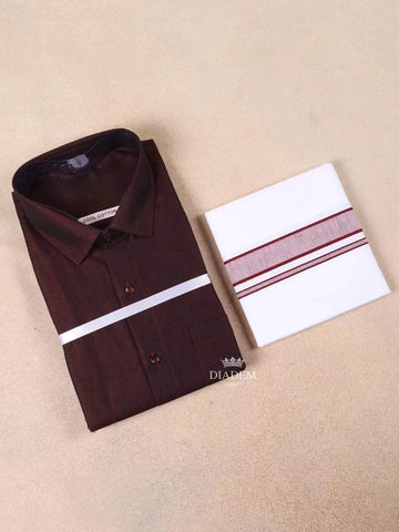 Wine Plain Cotton Full-Sleeve Shirt with Matching Border Dhoti Set - Diadem