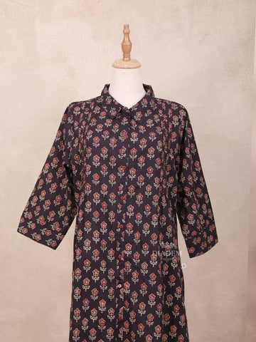 Wine Kurti Top Adorned with Floral Prints Design - Diadem