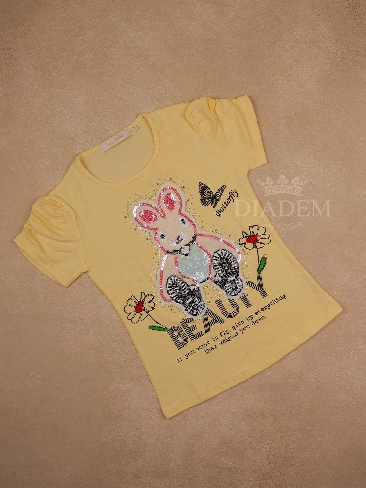Yellow Cotton Half Sleeve T-Shirt with Rabbit and Sequins Designs for Girls - Diadem