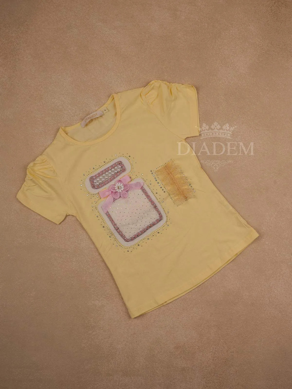 Yellow Cotton Half Sleeve T-Shirt with 3D Flowers and Bow Designs for Girls - Diadem