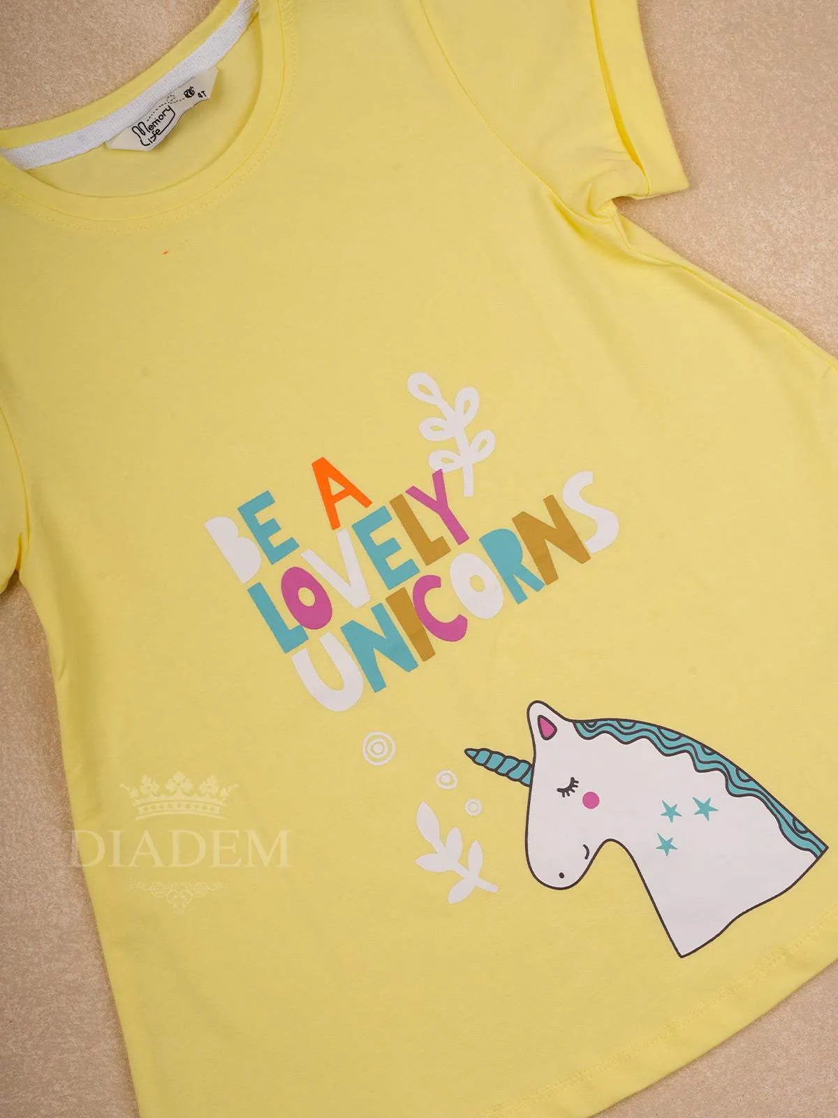 Yellow Cotton Half Sleeve T-Shirt with Unicorn Designs for Girls - Diadem