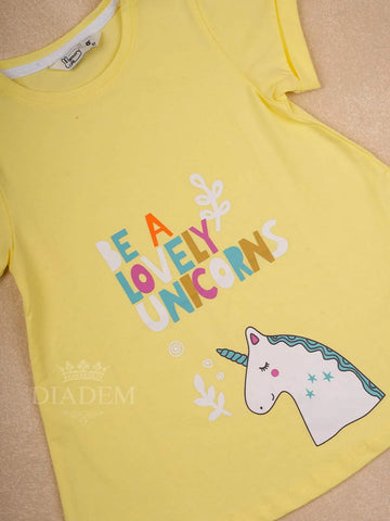 Yellow Cotton Half Sleeve T-Shirt with Unicorn Designs for Girls - Diadem