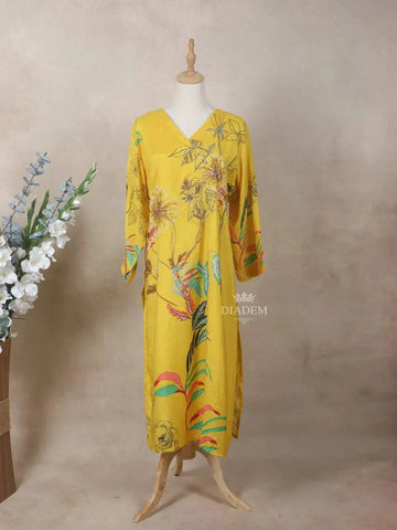 Yellow Crepe Kurti Top Adorned with Sequins and Floral Prints - Diadem