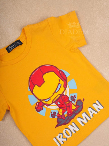 Yellow Cotton Half Sleeve T-Shirt with Iron Man Printed design for Boys - Diadem