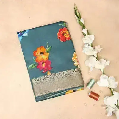 Ash Grey Floral Woven Design Semi Silk Saree with Zari Border | Diadem