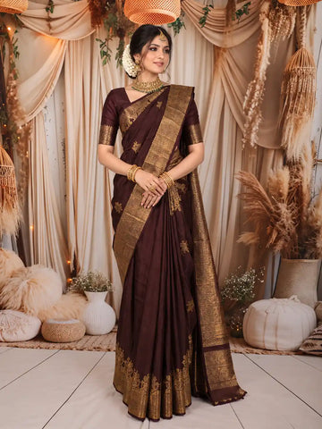 A model wearing chocolate brown bridal saree in Chennai.