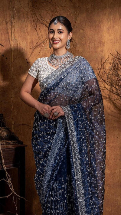 Ash Grey Floral Woven Design Semi Silk Saree with Zari Border | Diadem
