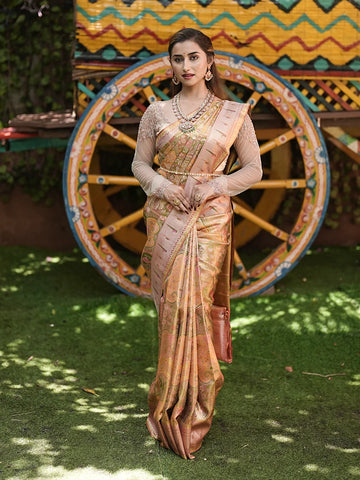 Model wearing a wedding saree in a lawn with a bullock cart in the background.