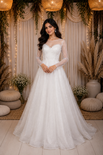 Model wearing bride white wedding gown