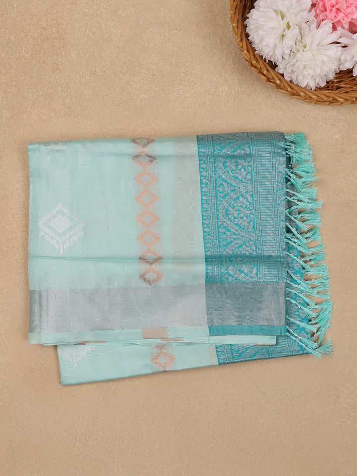 Mint Green Geometric Diamond Designed Silk Saree - Diadem