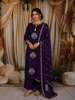 Deep Violet Birds Motif Thread Embroidered Design Cotton Straight Cut Salwar Suit with Dupatta
