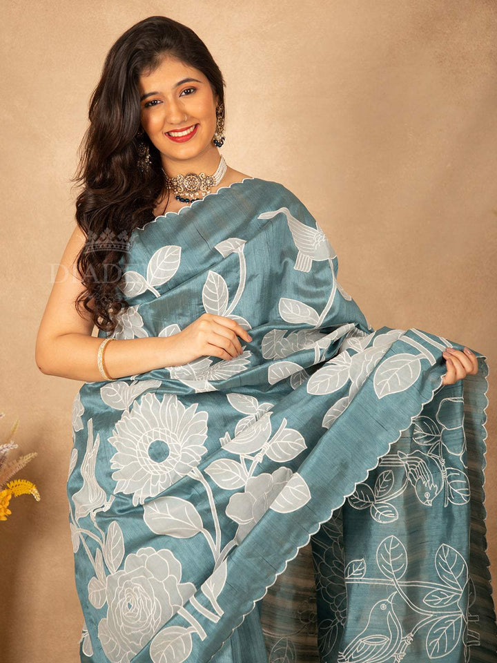 Teal Blue Thread Work Saree - Diadem