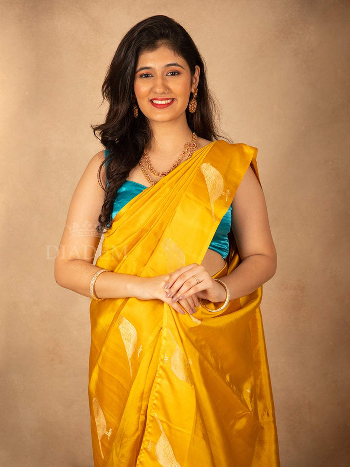 Mustard Yellow Silk Saree with Bird Design - Diadem