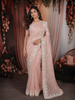 Pastel Peach Pink Striped Sequins Embroidered Design Pure Organza Fancy Saree with Scalloped Border