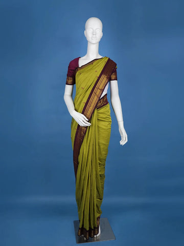 Parrot Green Floral Design Cotton Saree - Diadem