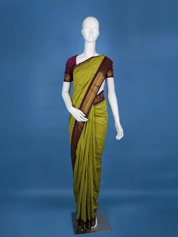 Parrot Green Floral Design Cotton Saree - Diadem