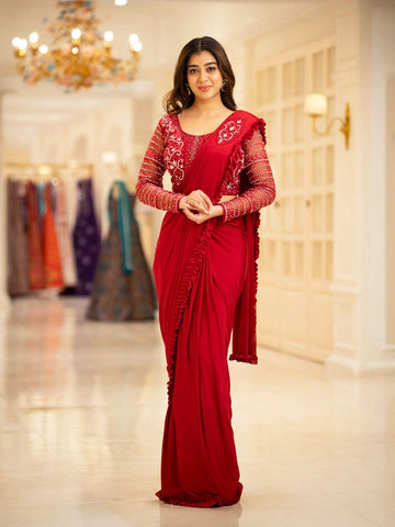 Red Satin Ready To Wear Saree With Plain Body Paired with Designer Blouse - Diadem